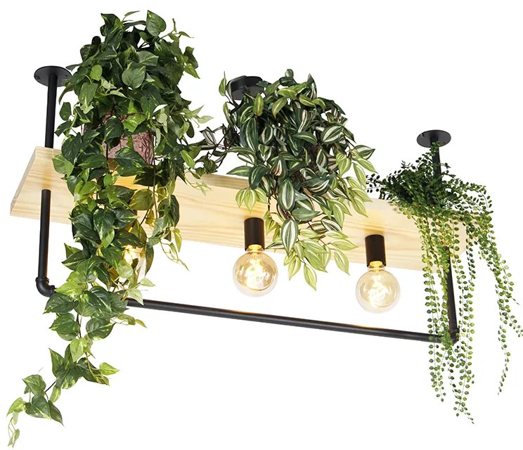 Ipari mennyezeti lámpa fekete fával 3 lámpás - Shelf