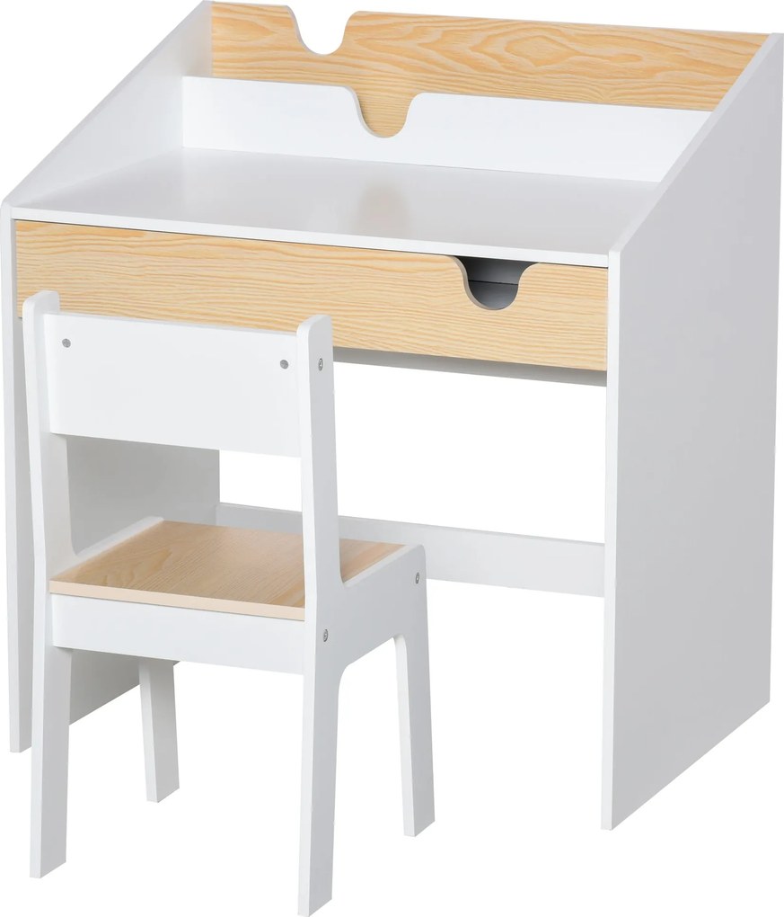 HOMCOM Gyerek Íróasztal Székkel 3-6 Éves Gyermekeknek 2 az 1-ben Gyermek Íróasztal Szett 2 Darab, Fiókkal és Polccal 70x50x75 cm Fehér és Natúr | Aoso