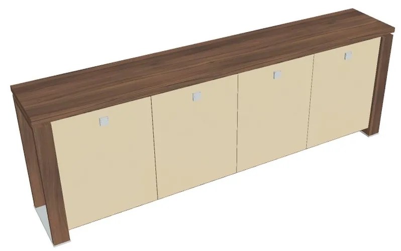 Verno+ S alacsony szekrény 260 x 46 x 90 cm, üvegajtó, dió / vanília