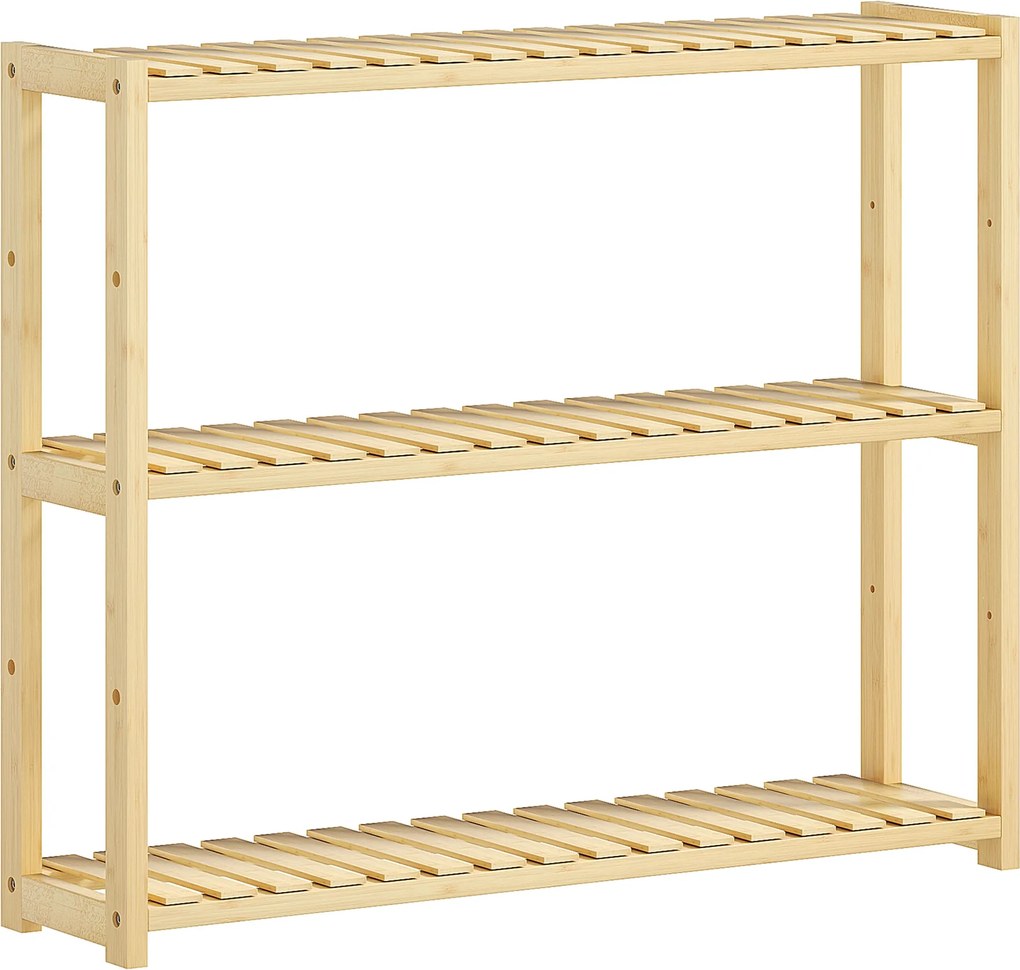 HOMCOM 3-Szintes Bambusz Fürdőszoba Polc 5 Állítható Szinttel, Fali vagy Szabadon álló Tároló Szekrény Konyhába, Nappaliba és Fürdőszobába, 60x15x50 c