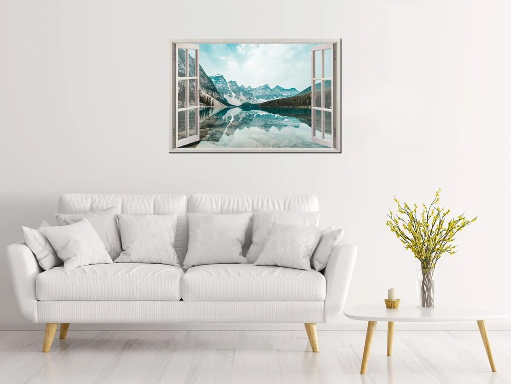 Gario Vászonkép Nyitott ablak Türkizkék tó Méret: 90 x 60 cm