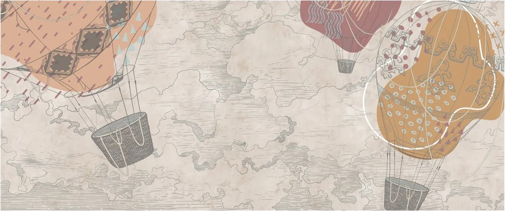 Kép - léggömbök a város felett , meleg tónusok (120x50 cm)