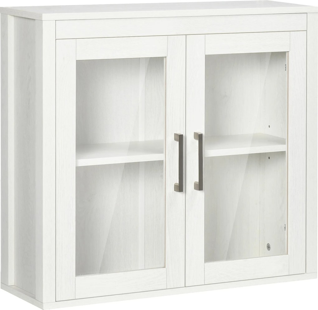 kleankin Fali Fürdőszobai Szekrény 2 Üvegajtóval és Állítható Polccal 60x19.5x54 cm Fehér | Aosom