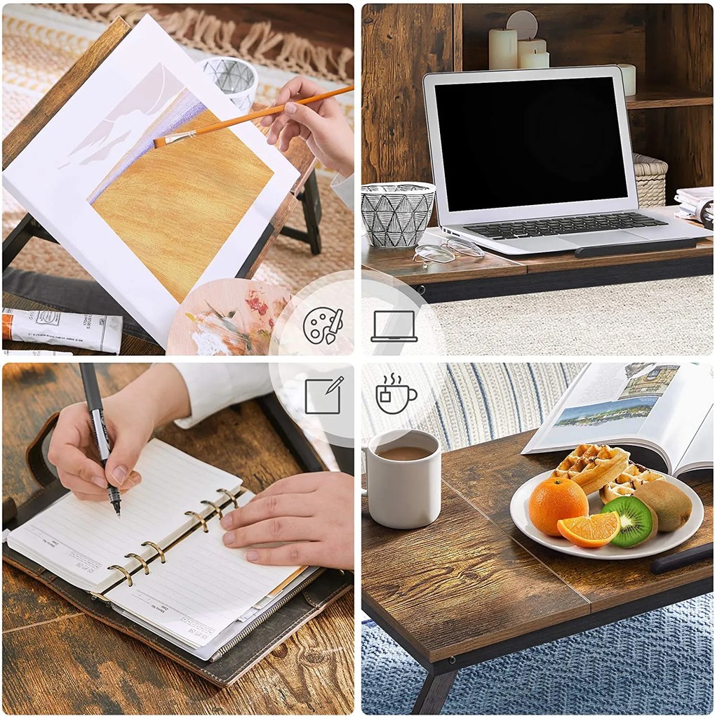 Laptop asztal, állítható reggeliző tálca, 71 x 35 x 23 cm, rusztikus barna