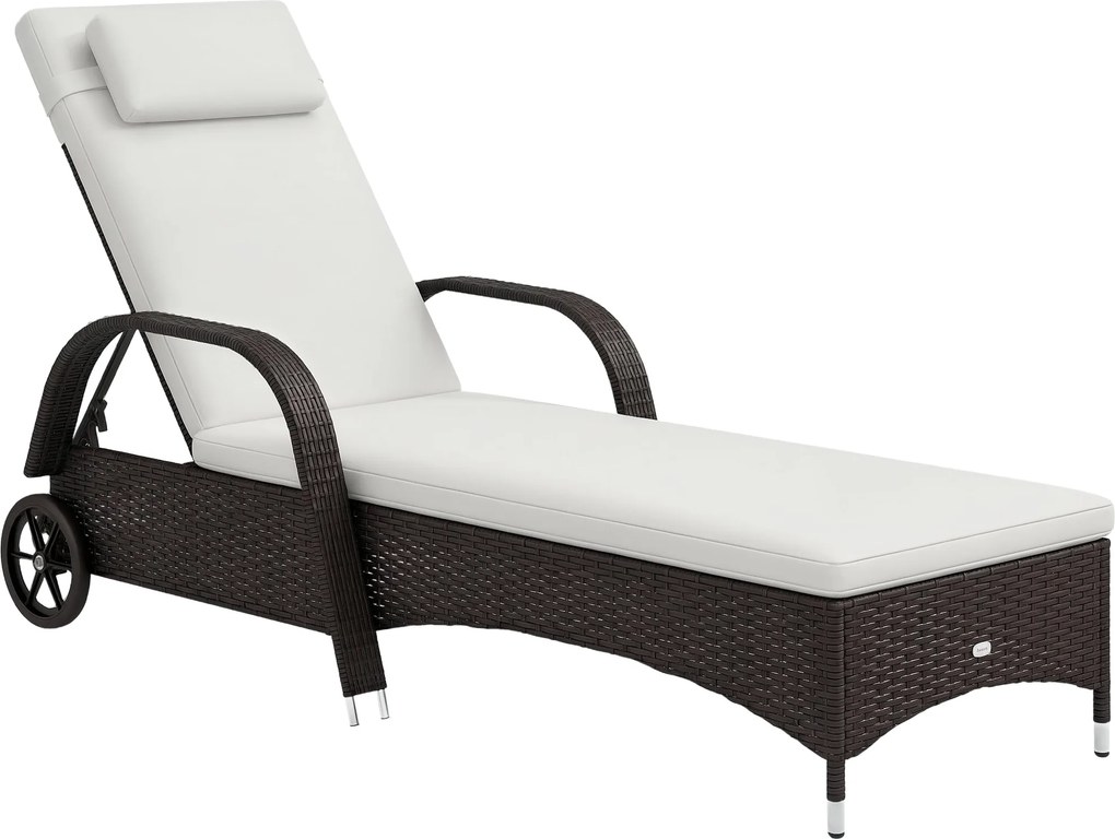 Outsunny Polyrattan Napozóágy 5-fokozatú Állítható Háttámlával, Párnával, Kerekekkel, 160kg Teherbírással, Napozóágy Kerthez, 200x73x30-103cm, Kávébar