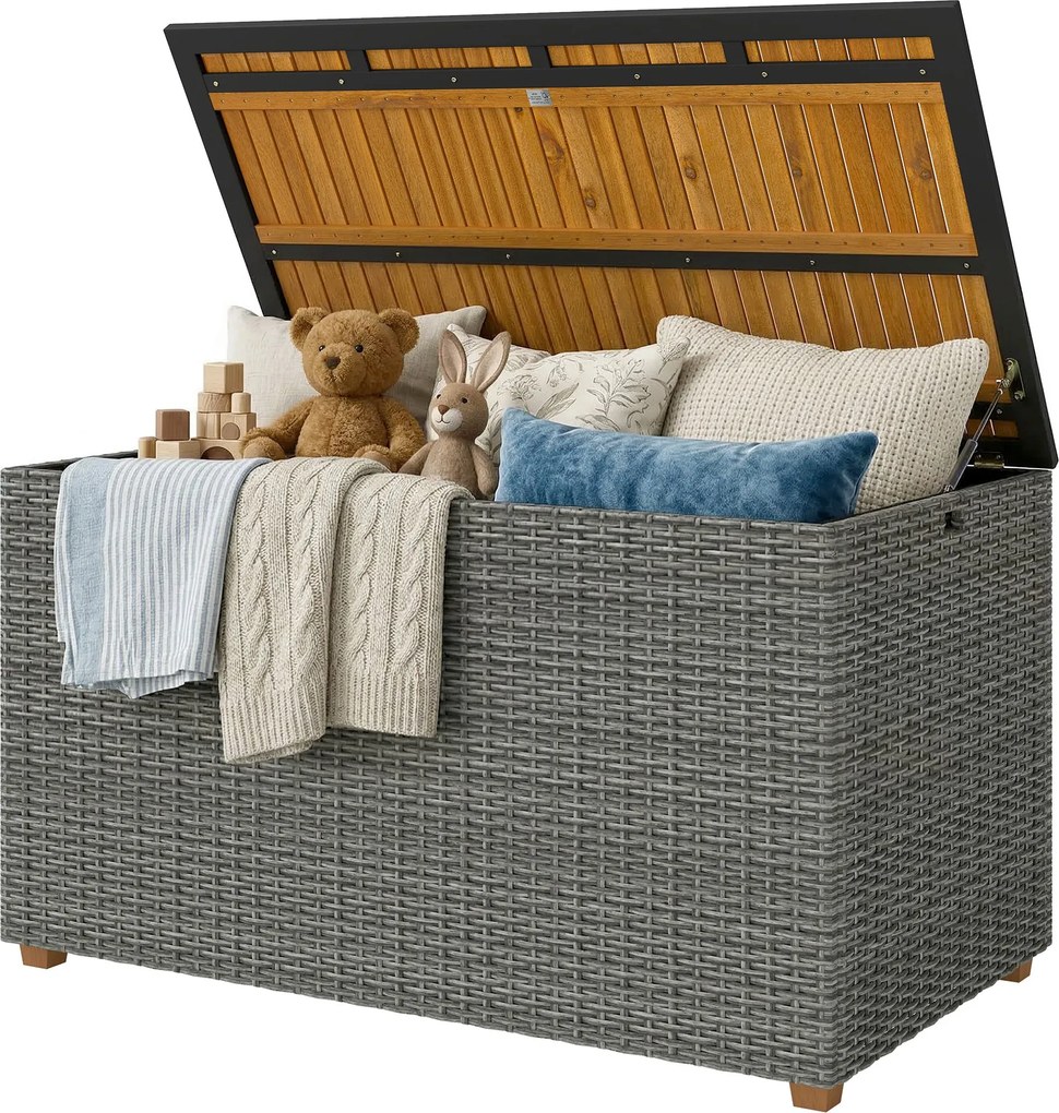 Outsunny 2 az 1-ben rattan kerti tárolódoboz, 450 l – vízálló párnatároló akácfa fedéllel, gázrugóval, bélelt belsővel, UV- és időjárásálló, sötétszür