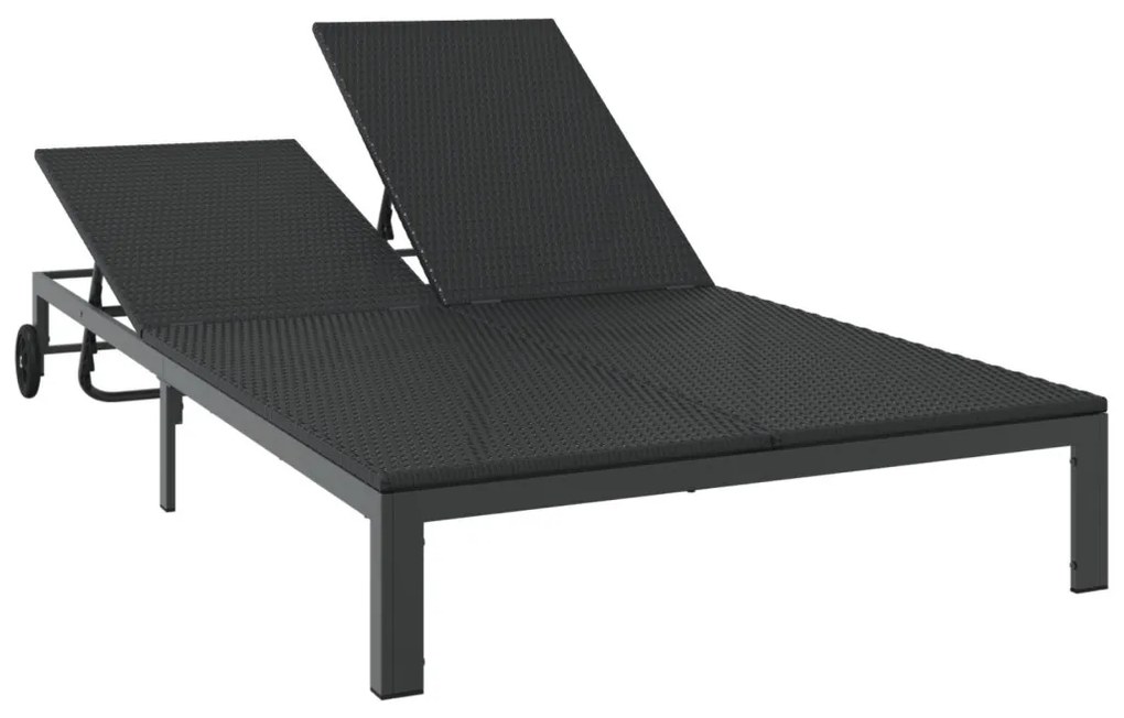 Napozóágy Párnákkal és Kerekekkel 2 Személyes Fekete Poli Rattan