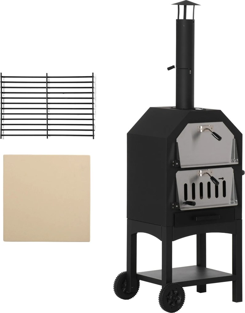 Outsunny Fali Pizza Sütő 2 Rétegű Fás Tüzelésű Sütő Kerekekkel, Levehető Fiókos Tároló Polccal Teraszra, Kempinghez, 64x54x160 cm | Aosom