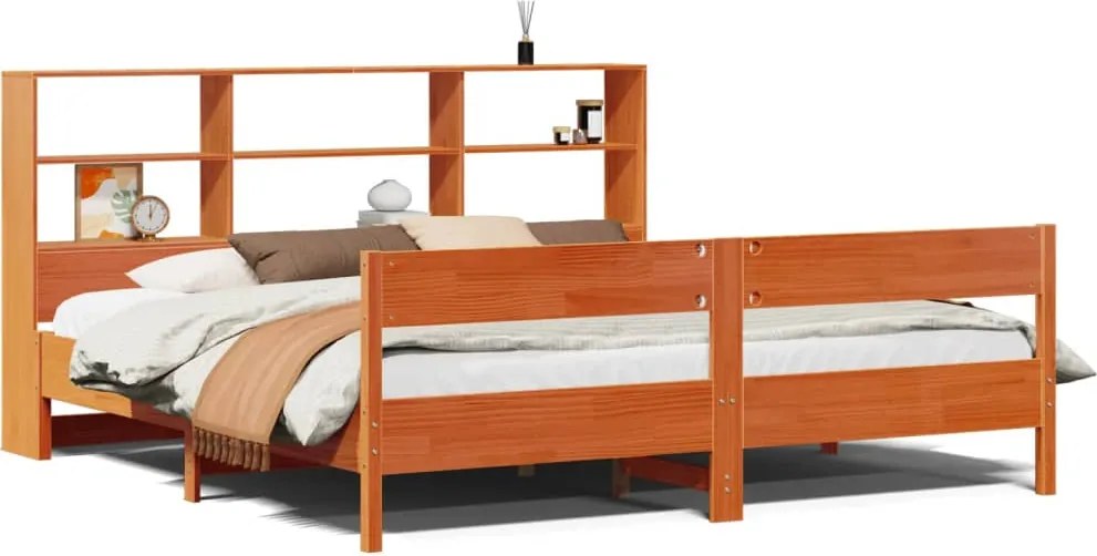 vidaXL barna tömör fenyőfa könyvespolcos ágy matrac nélkül 200 x 200cm