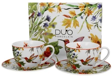 Porcelán csésze + alj 270 ml 2 személyes dobozban madaras Linnea