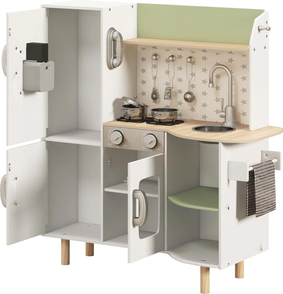 AIYAPLAY Fa Játék Konyha Gyermekeknek 3-6 Éveseknek Játék Konyha Jéggéppel Rozsdamentes Acél Mosogatóval, Mobil Pohárral és Konyhai Eszközökkel 84x34x