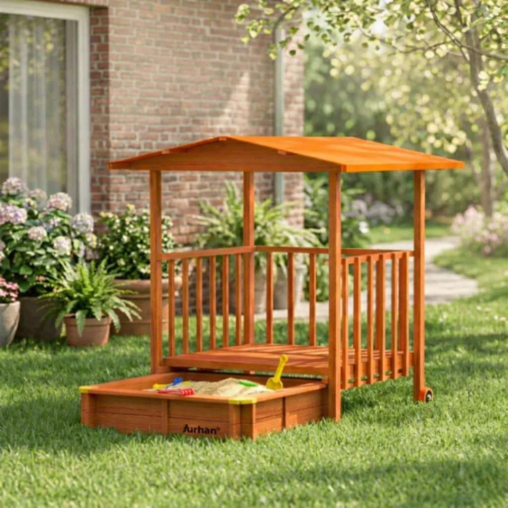 SUNNY verandás homokozó, 130x130x143cm, barna/narancssárga Jurhan