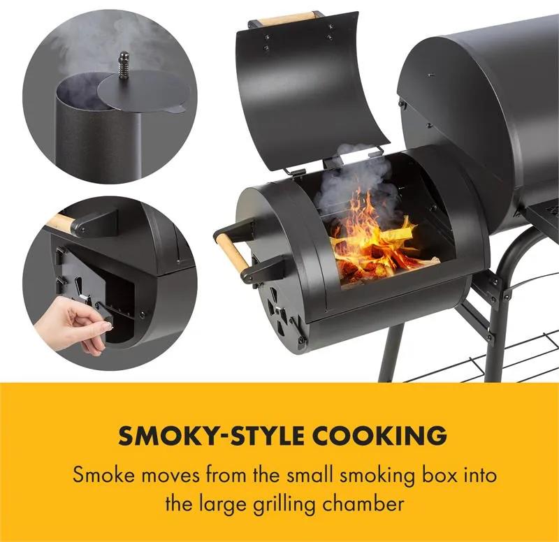 Beef Brisket, grill füstölővel, hőmérő, kerekek, fekete