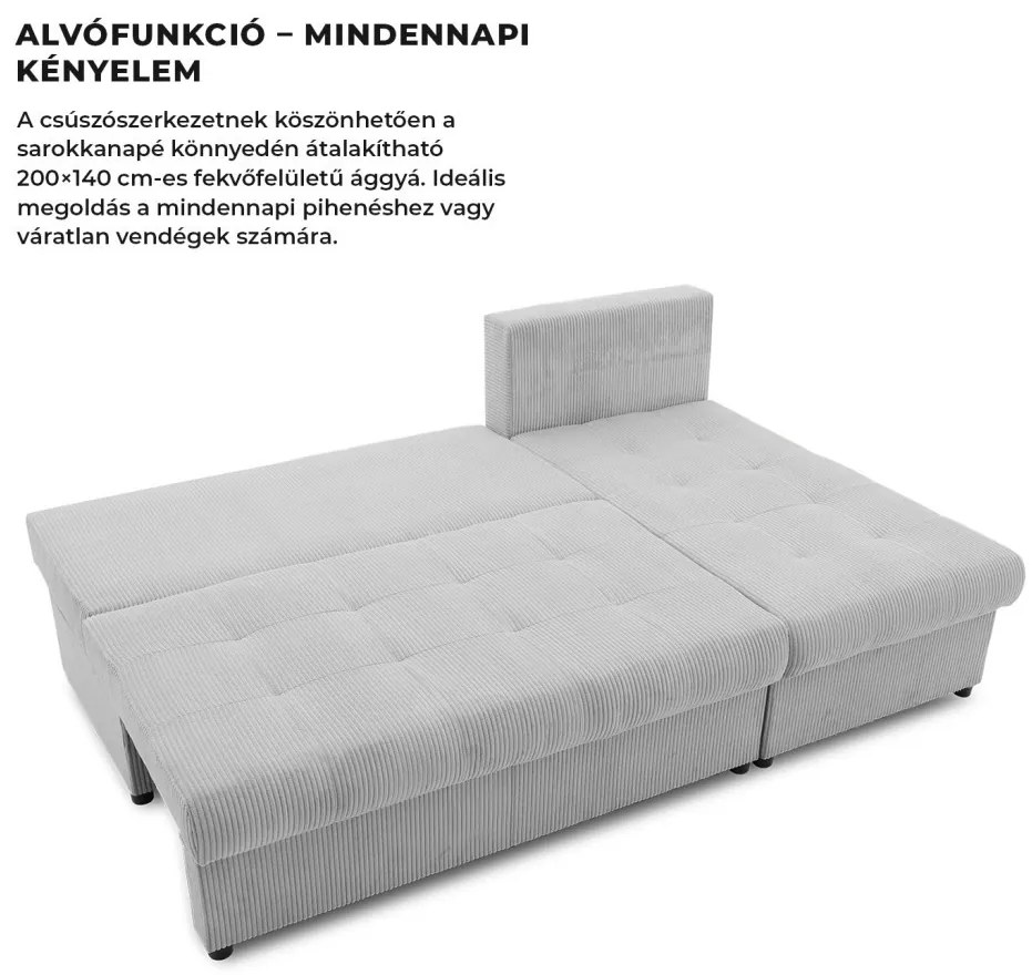 Venezia sarokkanapé, 3 ágyneműtartóval, kordbársony, univerzális oldal, hab töltet, szürke