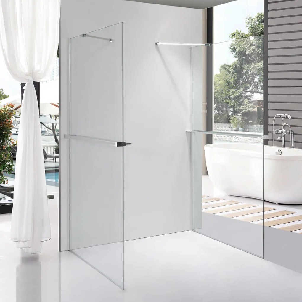 Stuxi Milano Gate Plus 2 falsíkra szerelhető, két oldalfalas walk-in zuhanyfal, 120x120 cm, 8 mm vastag vízlepergető biztonsági üveggel, helytakarékos sarokmerevítőkkel
