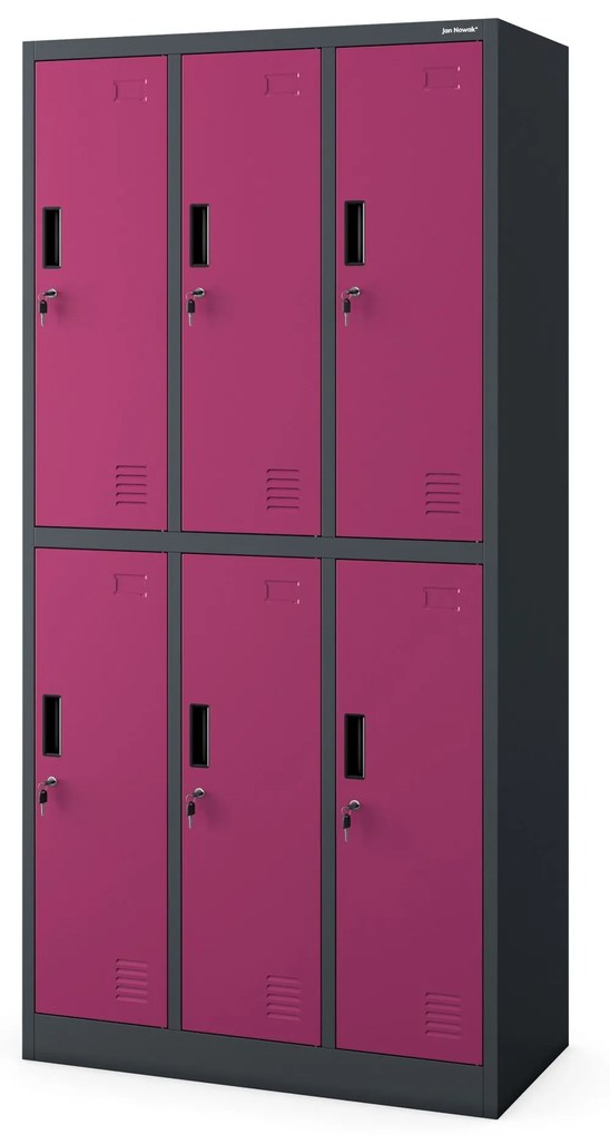 Fém öltözőszekrény 6 rekeszes IGOR, 900 x 1850 x 450 mm, antracit-fukszia
