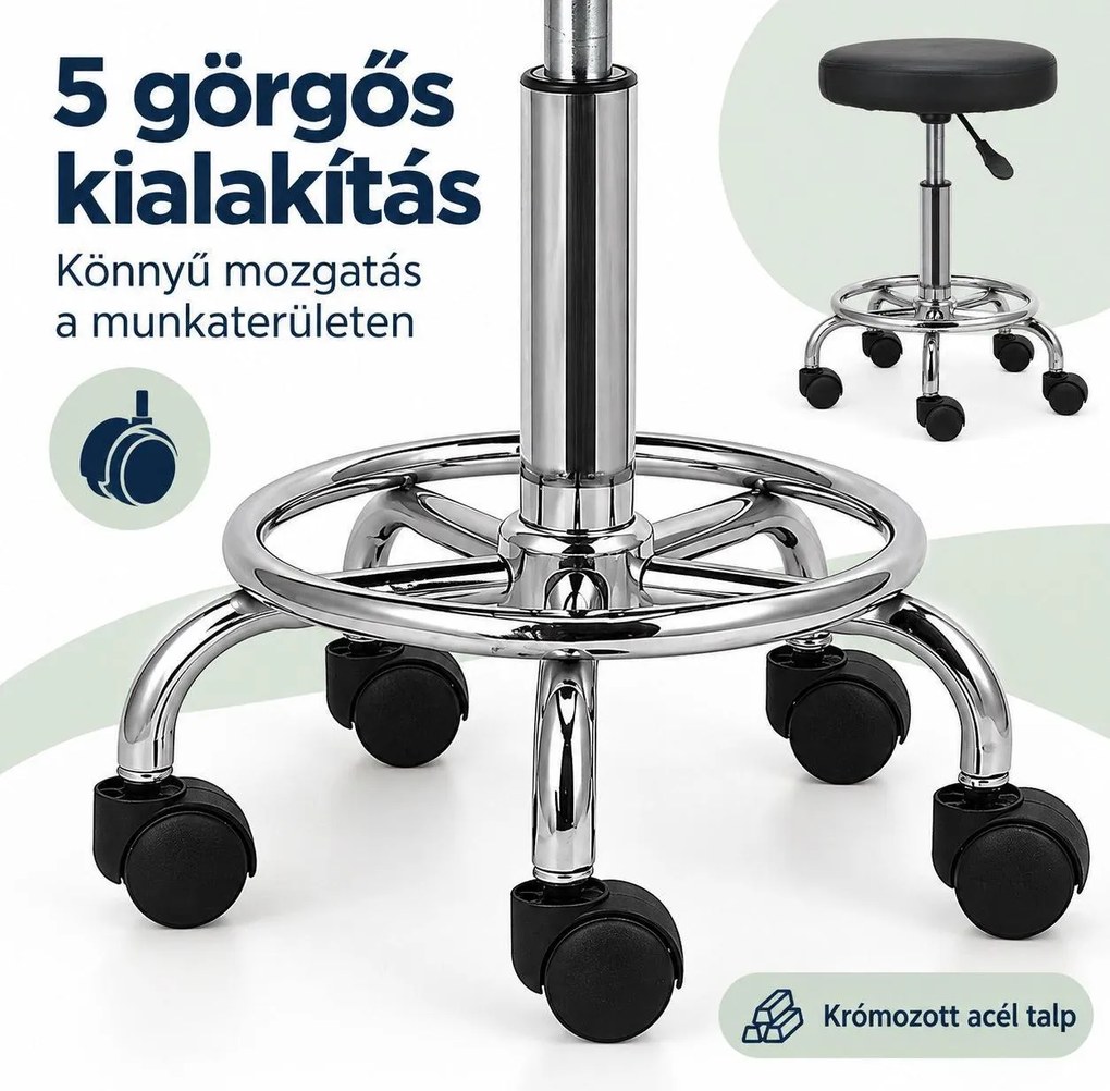 VASHOME gurulós kozmetikai szék, állítható magasság 46–61 cm, 5 görgővel, fekete