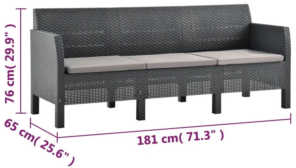 3 személyes antracitszürke PP rattan kerti kanapé párnákkal