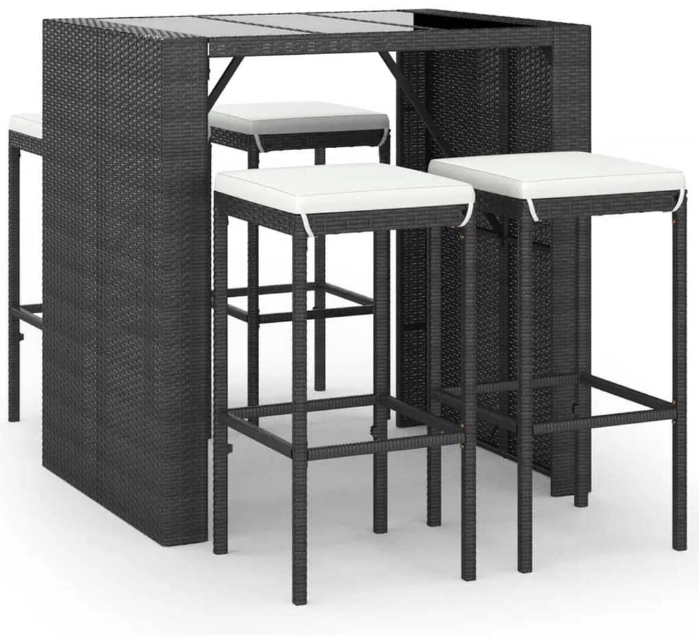 5 részes fekete polyrattan kerti bárszett párnával