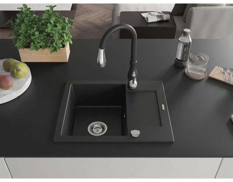 Mexen Enzo, 1 kamrás gránit mosogató 576x465x174 mm és Savita mosogató csaptelep, fekete, 6506-77-672601-70