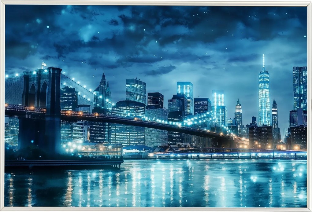 Poszter Alumínium Keret New York Brooklyn Híd Éjszaka Panoráma 60x40