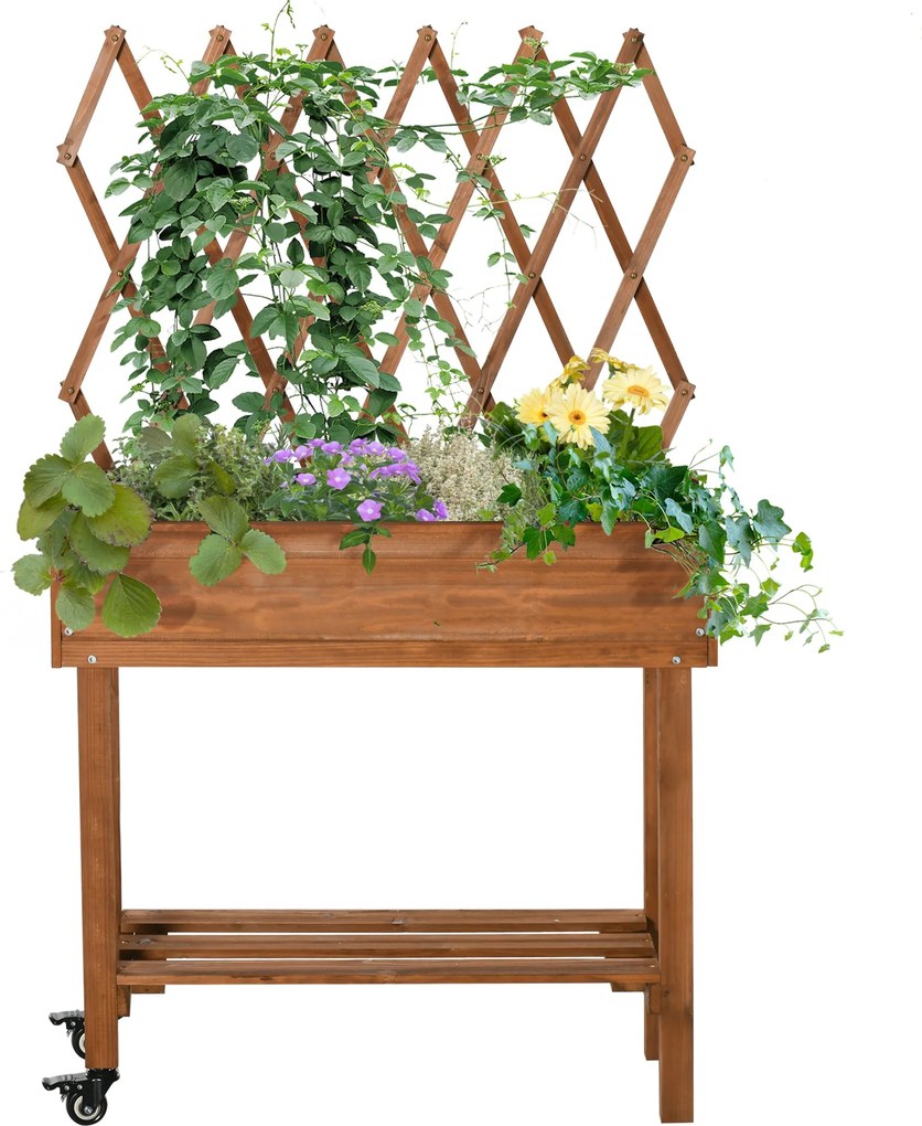 Outsunny Magasított Kertágy Trellissel, Virágtartó Polccal, Kerekes Ültetőedény, Teraszra és Erkélyre, Tartós Fa, Barna, 79 x 29 x 130 cm | Aosom
