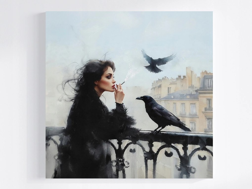 Vászonkép Canvas Város Terasz Nő Madár Holló Cigaretta Köd 40x40
