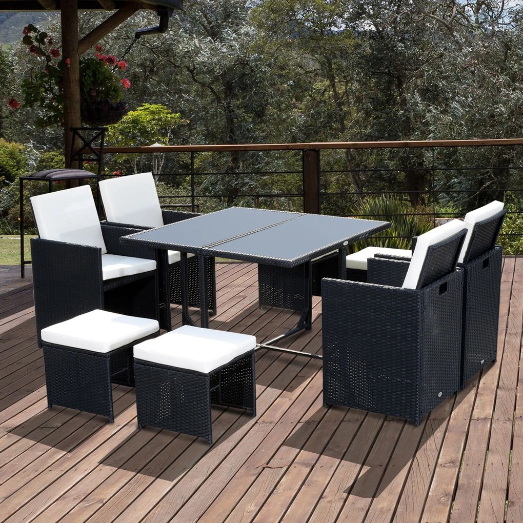 Outsunny 8 Fős Összecsukható Kerti Bútor Szett 9 Darabos PE Rattan Wicker 4 Szálas Imitációs Rattan Fekete, Levehető Krémszínű Párnákkal | Aosom