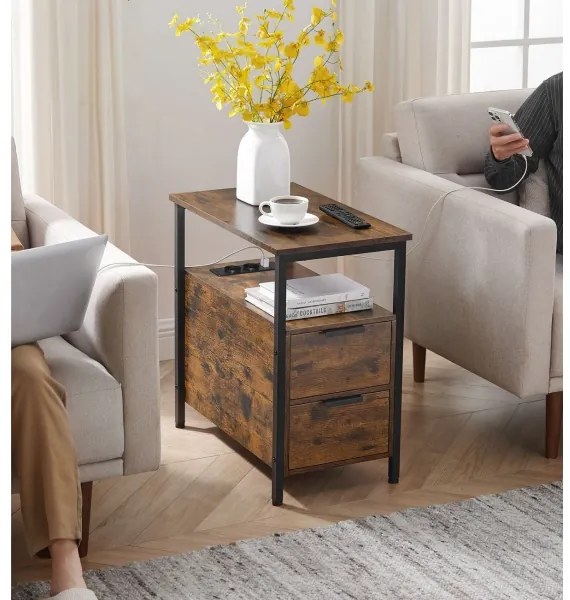 Oldalsó asztal beépített konnektorokkal és USB-portokkal ROD barna/fekete