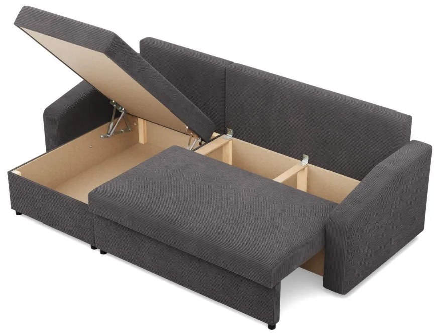 Zeus sarokkanapé, 2 ágyneműtartóval, döntött kartámasz, kordbársony, univerzális oldal, hab töltet, szürke