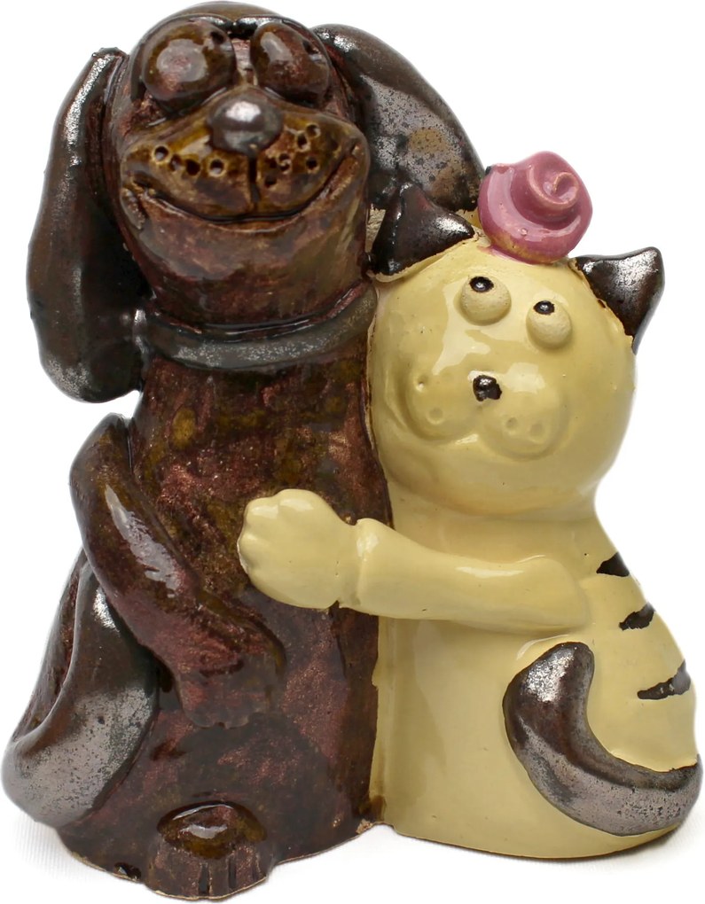 Kutya alakú kerámia figura macskával barna/bézs