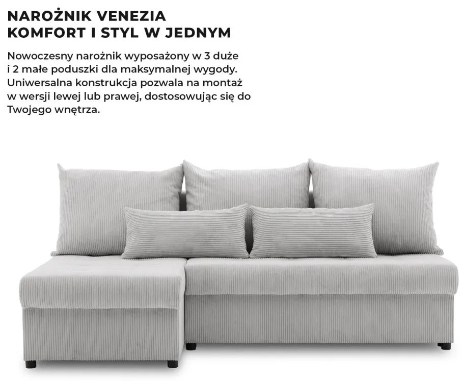 Venezia sarokkanapé, kordbársony, univerzális oldal, hab töltet, szürke