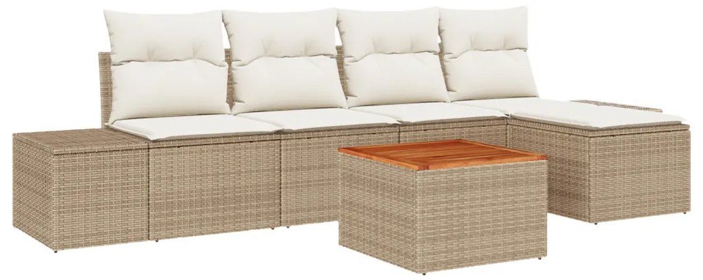 6 Darabos Kerti Sofa Szett Párnákkal Bézs Poli Rattan Akáciából