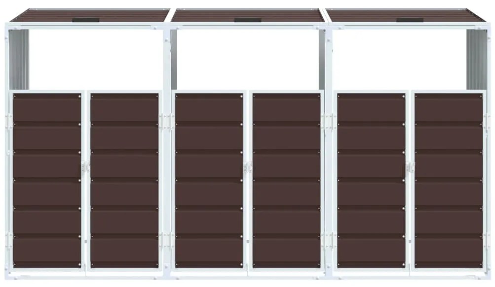 barna acél kerekes szemetes tároló 3 szemeteskukához 216 x 81 x 115 cm