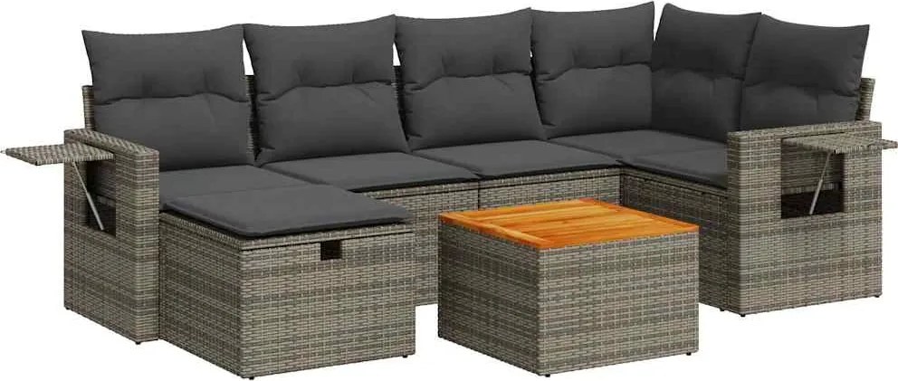 vidaXL 7 részes szürke polyrattan kerti ülőgarnitúra párnákkal