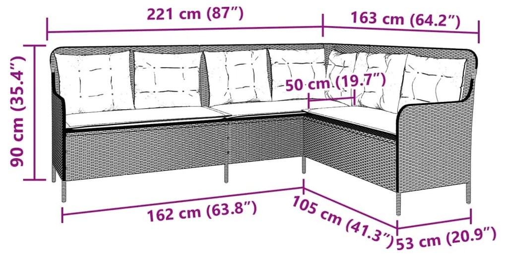 világosszürke polyrattan L-alakú kerti kanapé párnákkal