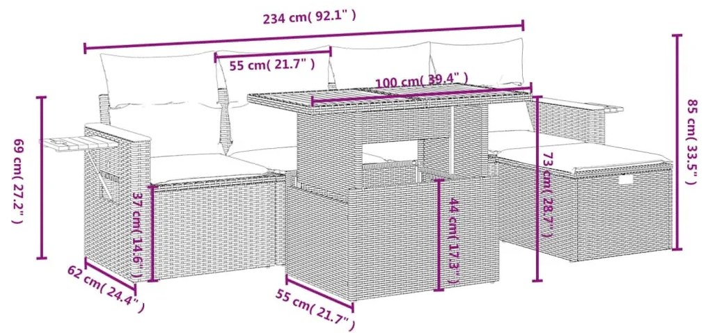 6 részes bézs polyrattan kerti ülőgarnitúra párnával