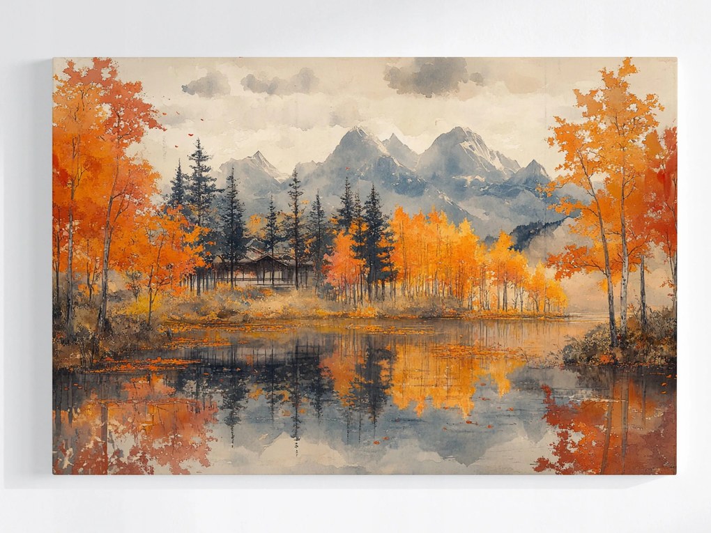 Vászonkép Canvas Tájkép Ősz Tó Fák Hegyek Tükröződés 60x40