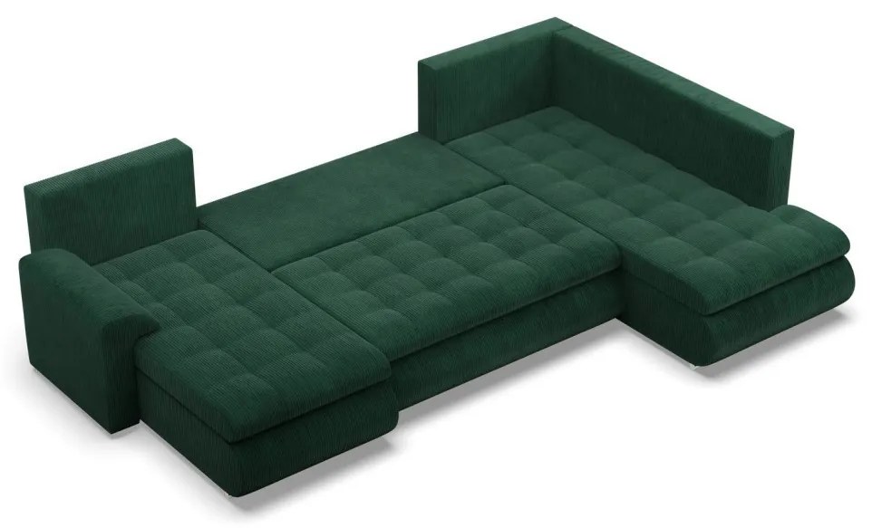 Tokio U sarokkanapé, 3 ágyneműtartóval, kordbársony, jobboldali, zöld