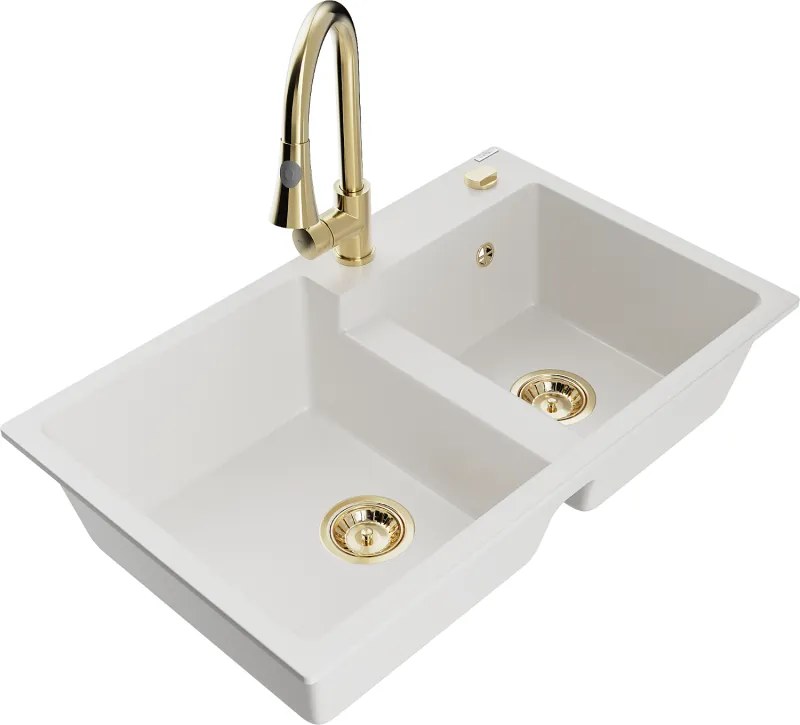 Mexen Tomas gránit mosogató 2-medencés konyhai csappal Elia, fehér - 6516-20-670101-50