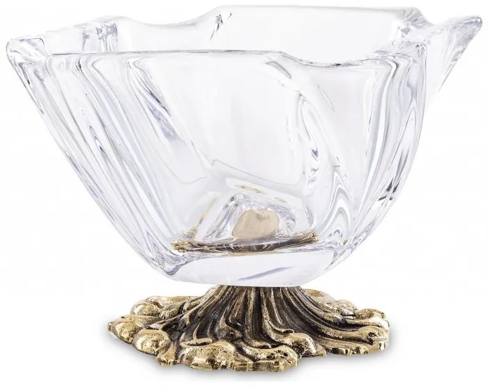 Vastag üvegtálka bonbonier masszív míves sárgaréz talppal 9x12,5x11,5cm