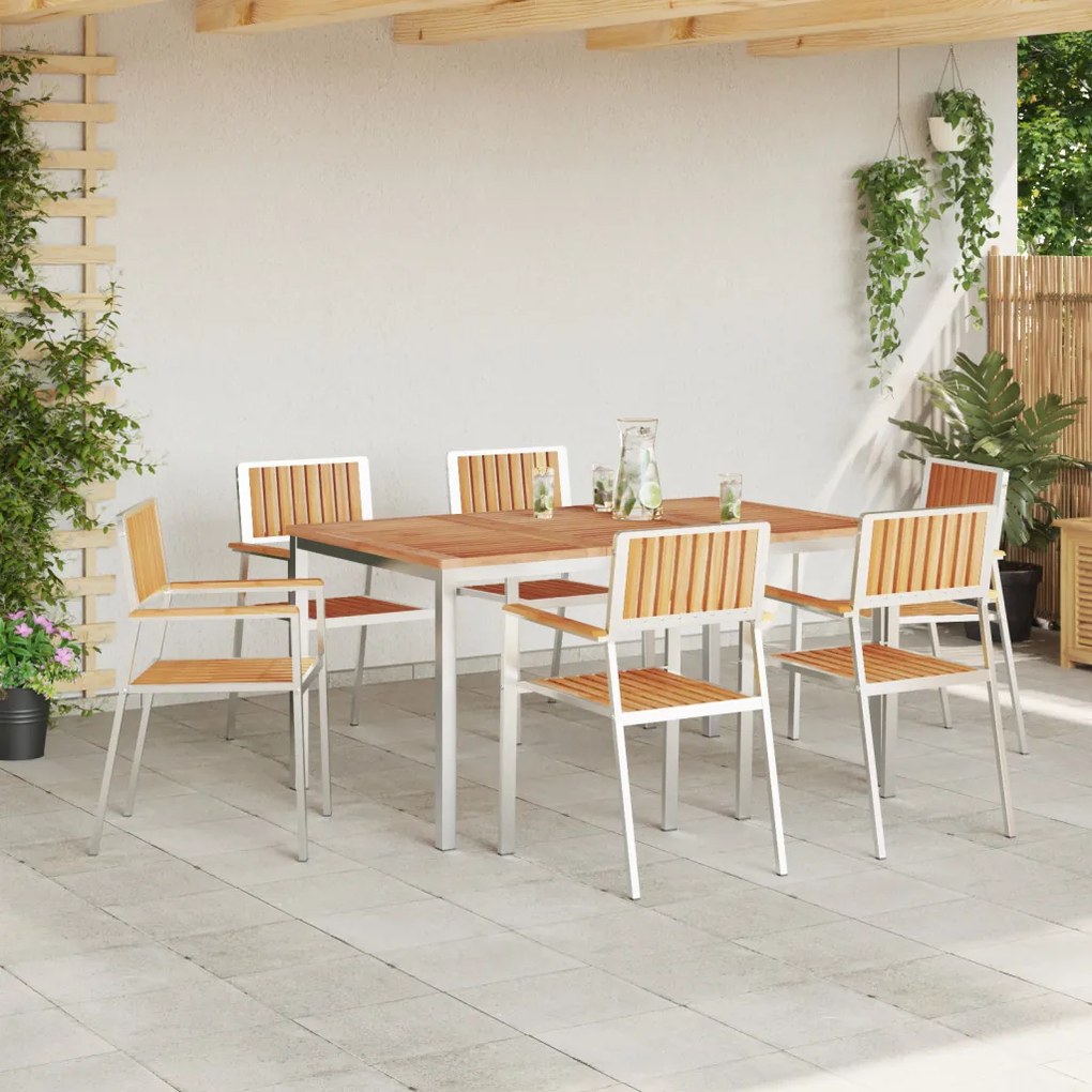 7 részes kert étkező szett tömör tíkfából, kültéri étkezőasztal 150x90x75 cm tömör tíkfából, összecsukható kerti székek 2 db tömör tíkfából és fémből, összecsukható kerti székek 4 db tömör tíkfából és fémből