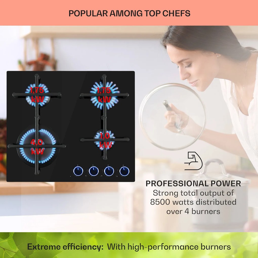 Klarstein Illuminosa 4, gázfőzőlap, 4 Sabaf égő, üvegkerámia