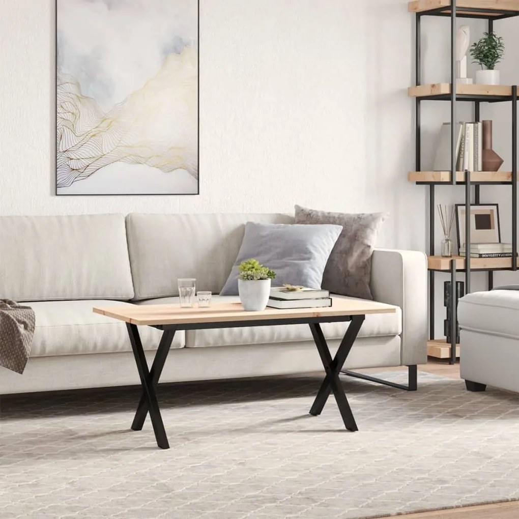 Tömör fenyőfa és acél dohányzóasztal X-vázzal 100x50x45 cm