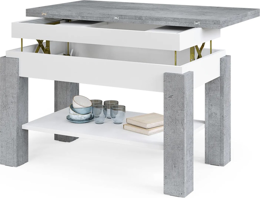 Mazzoni BRAWO Millenium Beton/Fehér - NYITHATÓ/MAGASÍTHATÓ DOHÁNYZÓASZTAL POLCCAL ÉTKEZŐASZTALKÉNT IS HASZNÁLHATÓ