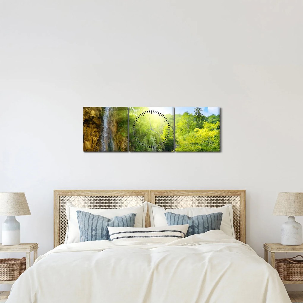 Kép - vízesések az erdőben (órával) (90x30 cm)