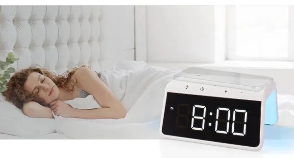 Nedis WCACQ30WT - Ébresztőóra LCD-vel és 15W/5V vezeték nélküli töltővel, fehér