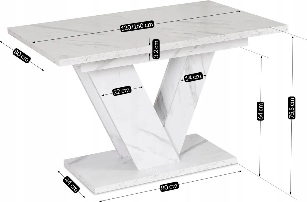 Bővíthető étkezőasztal 120–160 cm fehér márvány hatású kivitelben - CLARK