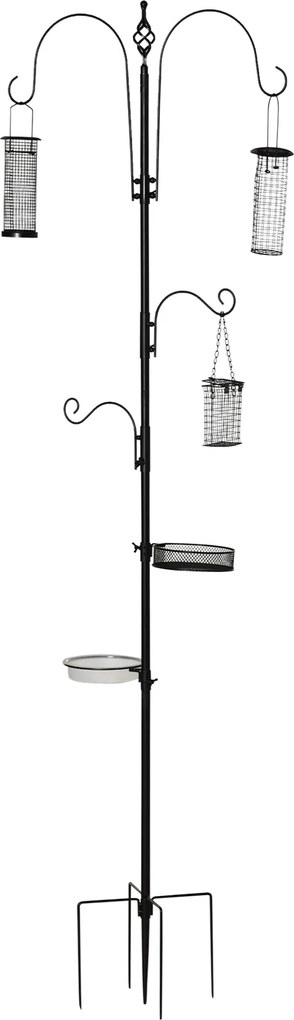 PawHut Madáretető Állomás Acélból 208 cm, 4 Horoggal, Madárfürdő, Étkező Tál, Teljes Madáreleség, Madáretető Állomás, Fekete | Aosom