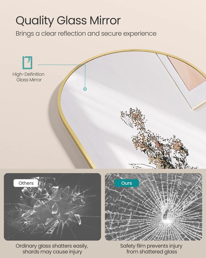 Ívelt álló tükör alumínium kerettel, edzett üvegből, világos arany színben